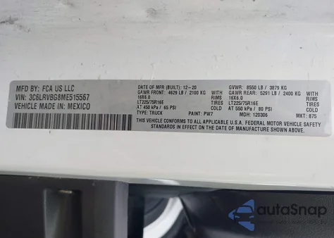 2021 Ram Promaster 1500 High Roof 136 Wb z USA, uszkodzony, nr VIN 3C6LRVBG8ME515567